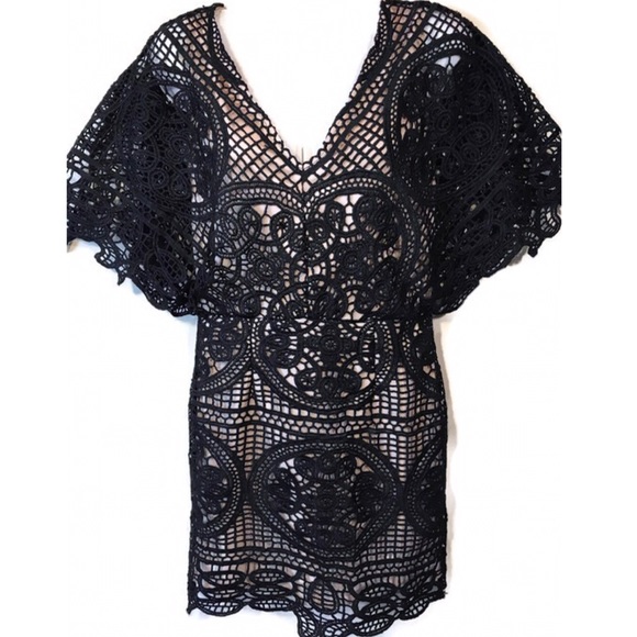 NWOT Black Batwing Lace Mini Dress - Picture 1 of 8